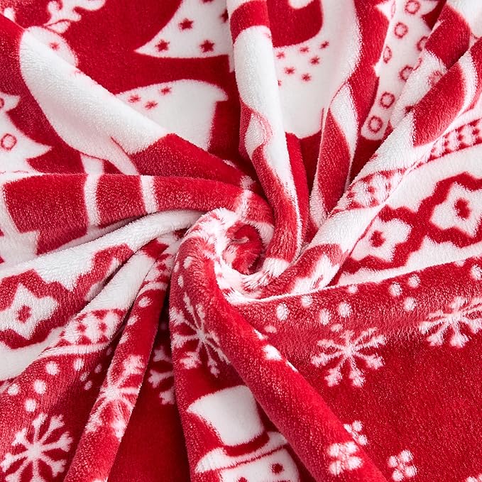 Christmas Blanket Soft Cozy Fleece Throws with Snowman Snowflake Reindeer and Xmas Trees Print, Fuzzy Warm Christmas Throw Blanket for Couch Bed Holiday Decorations Gifts 60"x80" (Red)