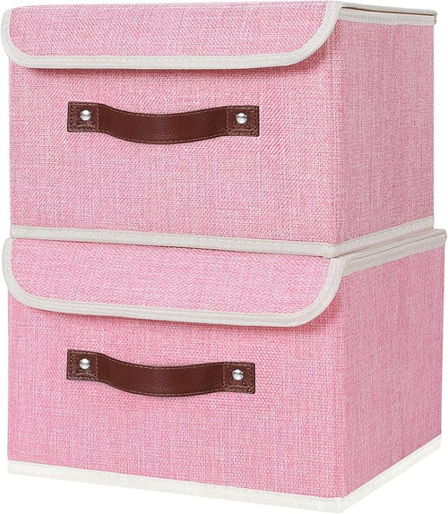 ANMINY 2PCS Storage Bins with Lid PU Leather Handles Storage Boxes PP Plastic Board Decorative Foldable Lidded Cotton Linen Fabric Home Cubes Baskets Closet Organizer Containers - Pink, Small Size