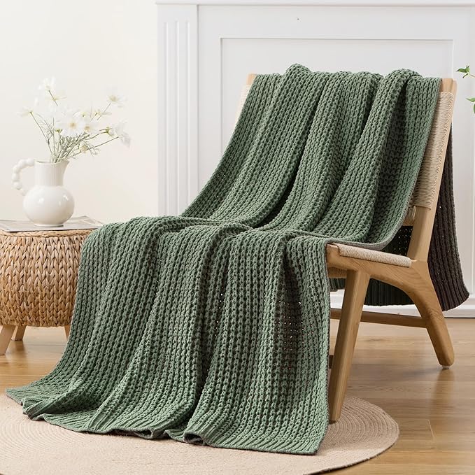 Bunnikins & Clover Knitted Waffle Throw Blanket 60x80 Inches, Sage Green Throw Blanket for Couch, Soft Cozy Chenille Knit Blanket Warm Decorative Throw for Sofa