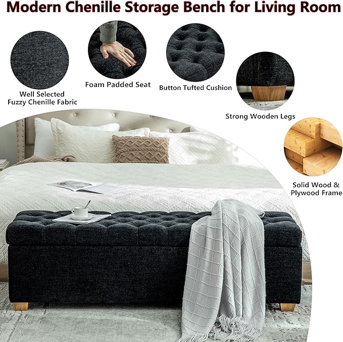 60.2" Storage Ottoman Bench for Bedroom Bed End,Chenille Bench with Seating,Button Tufted Ottomans with Storage for Living Room,Bedside,Entryway (Chenille Black, 60.2")