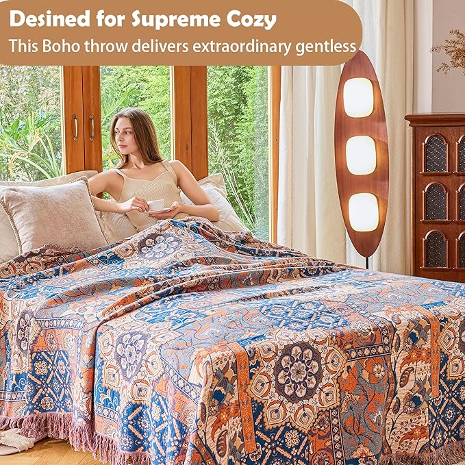 Boho Throw Blanket for Bed Couch 50" x 60", 100% Organic Cotton Skin-Friendly Ultra Soft Quilt Orange Throw - Floral Rustic Room Decor Luxury Reversible Blanket for Sofa Chair and Gift