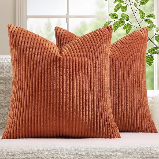 Mecatny Corduroy Decorative Fall Throw Pillow Covers 26x26 Set of 2 for Sofa Living Room, Soft Burnt Orange Neutral Boho Couch Pillow Covers for Home Decor, Rust