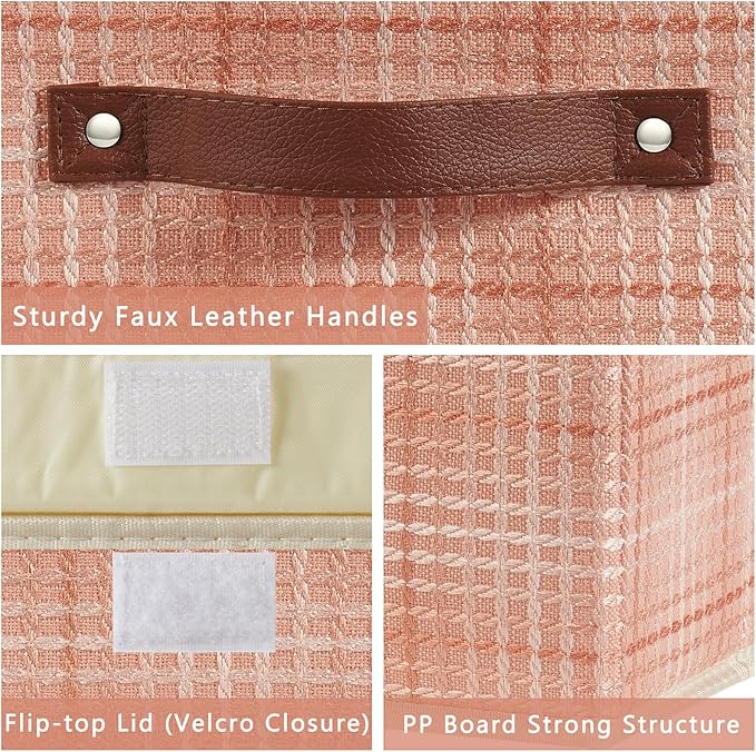 Storage Boxes with Lid 3D Textured Fabric Storage Bins Closet Organizer Containers Decorative Collapsible Washable Shelf Baskets with Faux Leather Handles (Light Salmon, Small Size)
