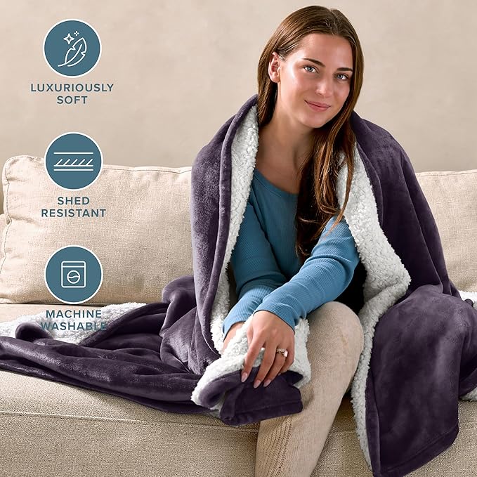 Bare Home Sherpa Fleece Blanket - Twin/Twin Extra Long - Blanket for Bed, Sofa, and Couch - Warm & Lightweight - Fluffy & Soft - Reversible (Twin/Twin XL, Eggplant)
