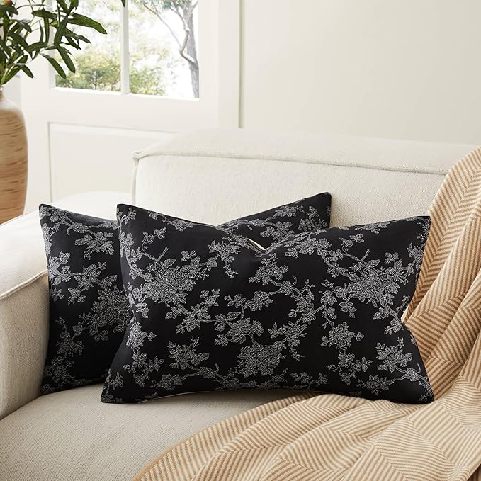 100% Cotton French Pastoral Throw Pillow Covers Set of 2, 12x20 Inch Background/Black Farmhouse Decorative Cushion Covers for Sofa Bed Living Room Home Decor