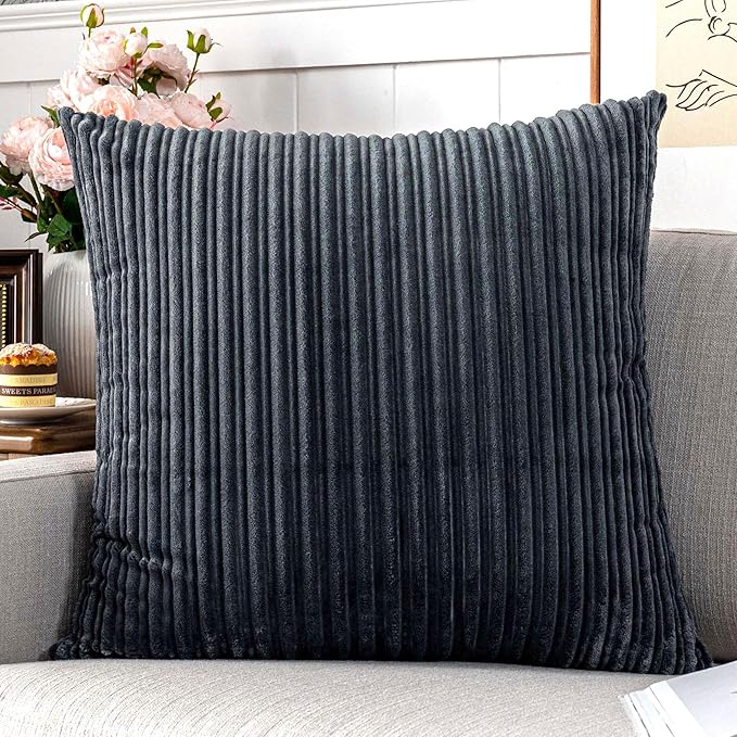 UGASA Corduroy Striped Soft Soild Decorative Square Throw Pillow Covers Set Cushion Cases Pillowcases for Sofa Bedroom, 2 Pcs, 24x24inch, Dark Grey