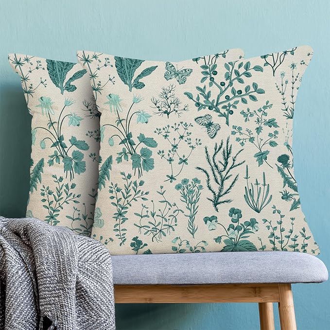 AEIOAE Summer Pillow Covers 18x18 Inch Set of 2,Teal Green Wild Flower Plant Throw Pillows Case,Seasonal Floral Outdoor Decorative Square Linen Farmhouse Decor Cushion Covers for Home Sofa Bed Couch