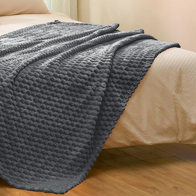 Vessia Flannel Fleece Throw Blanket(50x70 inch), 3D Jacquard Grey Fuzzy and Warm Blanket for Couch,Sofa,Bed,Chair, 300GSM Super Soft Touch Cozy Lightweight Throw for All-Season Home Decor