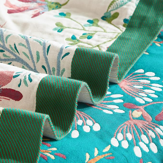 Boho Throw Blanket for Bed 60”x80”, 100% Cotton Woven Blanket for Couch Sofa, Ultra Soft 4-Layer Muslin Quilt with Floral Printed, Farmhouse Bed Blanket/Cover for Living Room Decor