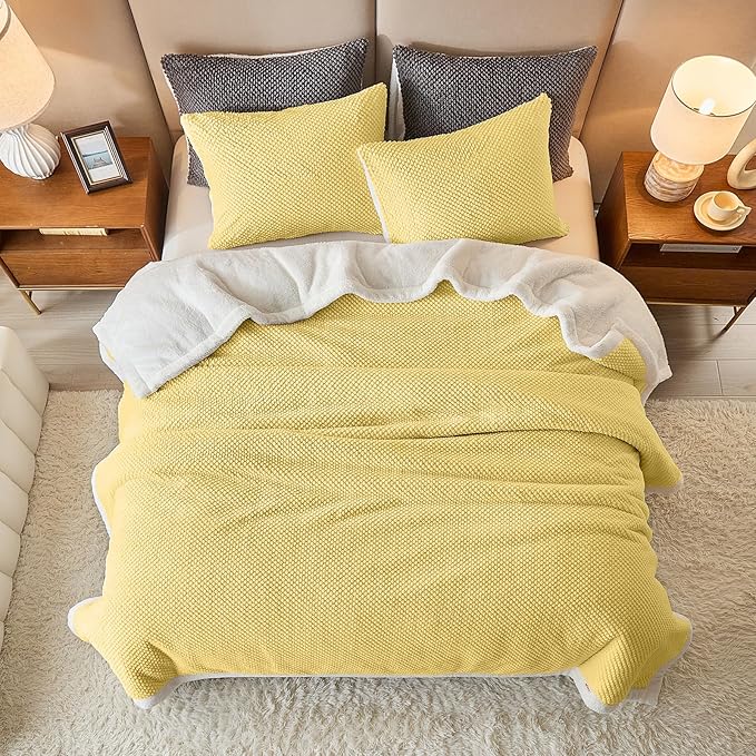 Luxury Flannel Fleece Sherpa Blankets Queen Size for Bed, Jacquard Boho 3-Layer Thick and Warm Blanket for Winter, Soft Cozy Fuzzy Plush Velvet Blanket with 2 Pillow Cases, Yellow, 88x88 Inches