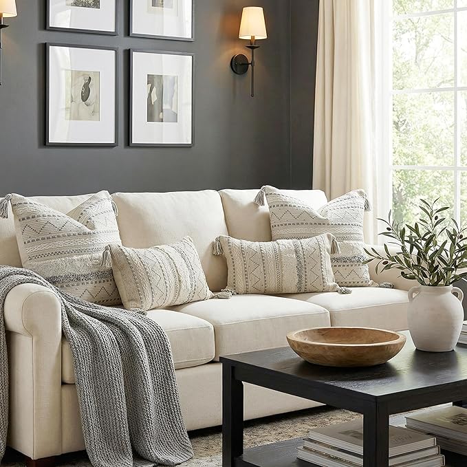 BlissBlush Gray Decorative Throw Pillow Covers 20x20 Combo Set of 2 Square Boho Neutral Grey Accent Pillowcase Tassels Farmhouse Cushion for Couch Sofa Bedroom Living Room Home Décor Cover ONLY