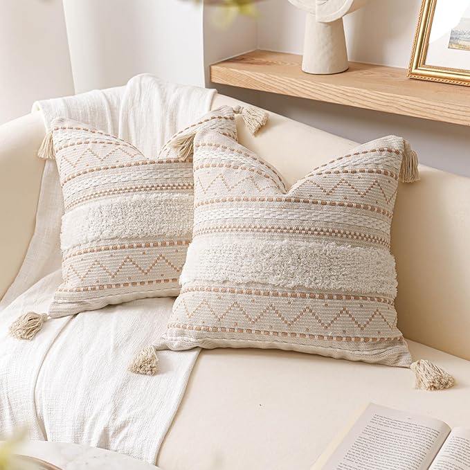 BlissBlush Decorative Throw Pillow Covers 20x20 Combo Set of 2 Square Cream Neutral White Boho Accent Pillowcase Tassels Farmhouse Cushion for Couch Sofa Bedroom Living Room Home Décor Cover ONLY