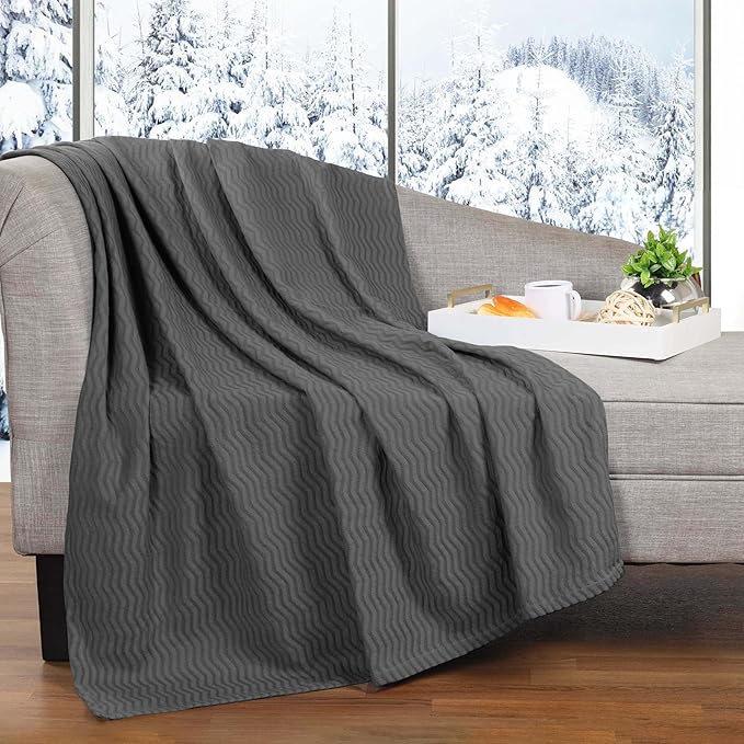 Superior JENA Cotton Blanket, for Picnic, Beach, Traveling or Camping, Bedroom Decor, Essentials, Cover for Bed, Couch, Lounging, Textured Jacquard, Modern Chevron Woven Blanket, Throw, Charcoal