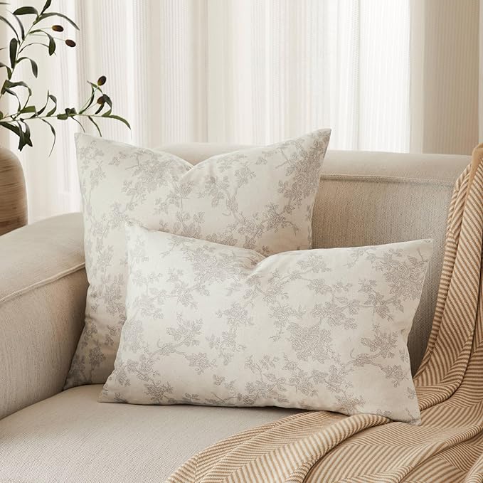 100% Cotton French Pastoral Throw Pillow Covers Set of 2, 24x24 Inch Grey Farmhouse Decorative Cushion Covers for Sofa Bed Living Room Home Decor