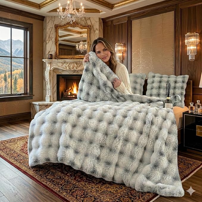Luxury 1000GSM Throw Blanket, 60x80 Inches, Ultra Soft Double-Sided Faux Rabbit Fur, 3D Bubble Textured Frosted Black & White, Reversible High-Density Plush Warm Blanket for Sofa & Bed