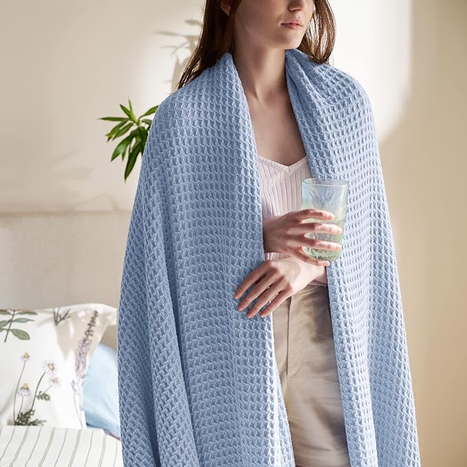 Bedsure Gentlesoft 100% Cotton Blanket King Size for Bed - Cooling Breathable and Soft for Spring Summer, Thick Cozy Waffle Weave Blanket Gifts for Women, Sky Blue, 104x90 inches