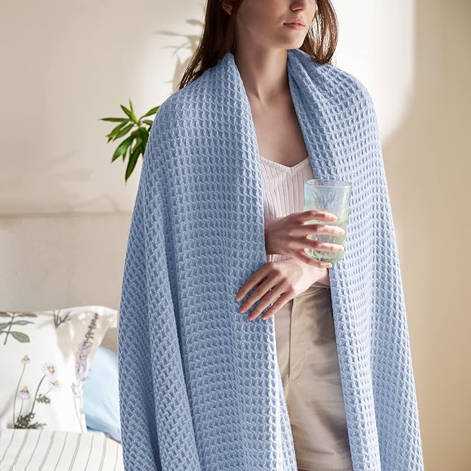 Bedsure Gentlesoft 100% Cotton Blanket Queen Size for Bed - Cooling Breathable and Soft for Spring Summer, Thick Cozy Waffle Weave Blanket Gifts for Women, Sky Blue, 90x90 Inches