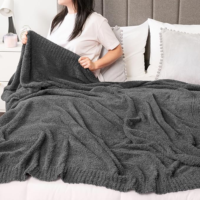 PAVILIA Super Soft Throw Blanket for Couch, Fluffy Cozy Lightweight Grey Blanket, Fuzzy Warm Knit Blanket for Bed Sofa, Dark Gray, 50x60