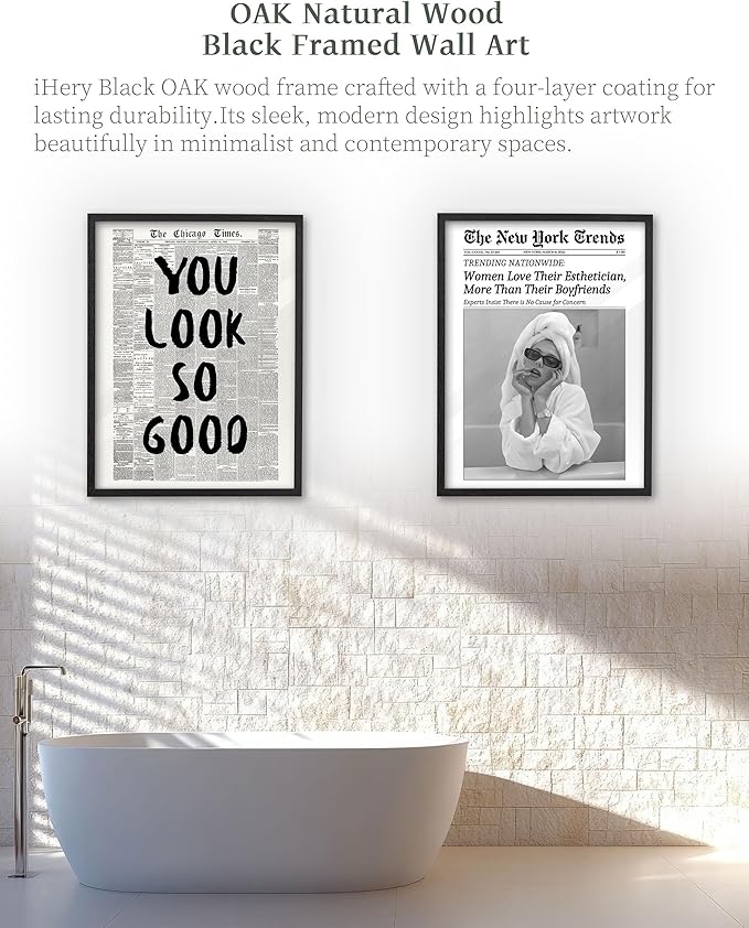 iHery Premium Natural Black OAK Wood 12x16in You Look So Good Trendy Inspirational Framed Wall Art, Vintage Girl Newspaper Motivational Canvas Wall Decor For Dorm Bedroom Living Room Posters 1Pack
