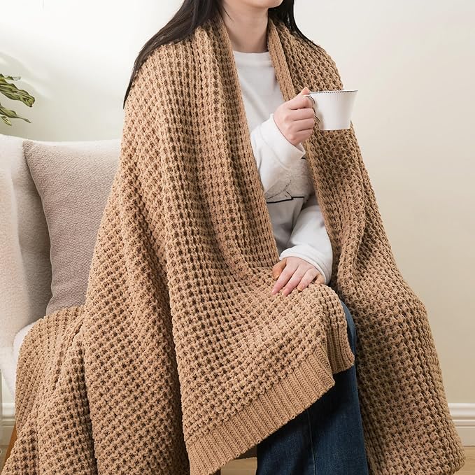 Bunnikins & Clover Beige Throw Blanket for Couch, Knitted Beige Throw for Bed, Neutral Throw Blankets Tan Blanket for Room Decor Housewarming Gifts, 50"x60"