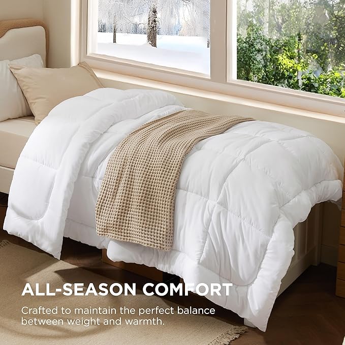Bedsure Comforter Duvet Insert - Quilted Comforters Twin Size, All Season Duvet, GentleSoft Down Alternative Bedding, with 8 Tabs, Gifts for Women/Men, White, Twin 88 x 68 Inches