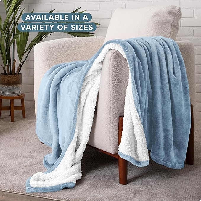 Bare Home Sherpa Fleece Blanket - Full/Queen Size - Blanket for Bed, Sofa, and Couch - Warm & Lightweight - Fluffy & Soft - Reversible (Full/Queen, Light Blue)
