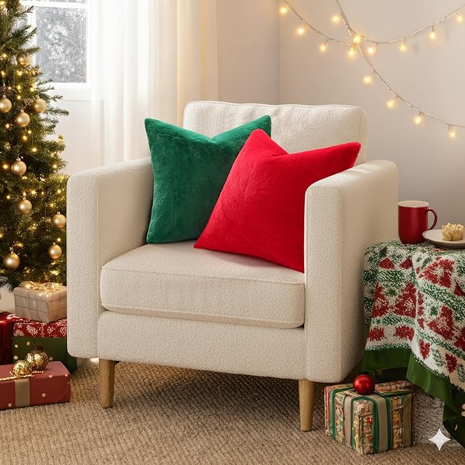 Pallene Faux Fur Plush Christmas Throw Pillow Covers 16x16 Set of 2, Soft Fluffy Couch Pillow Covers for Living Room, Christmas Green