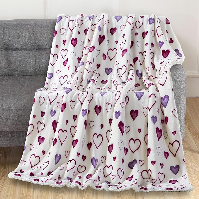 Elegant Comfort Luxury Valentine’s Day Sherpa Throw Blanket Ultra-Soft Cozy Velvet Pink Hearts Fleece Throw - Micromink Sherpa for Her, Wife, Girlfriend, Sherpa Reversible Blanket- Mia