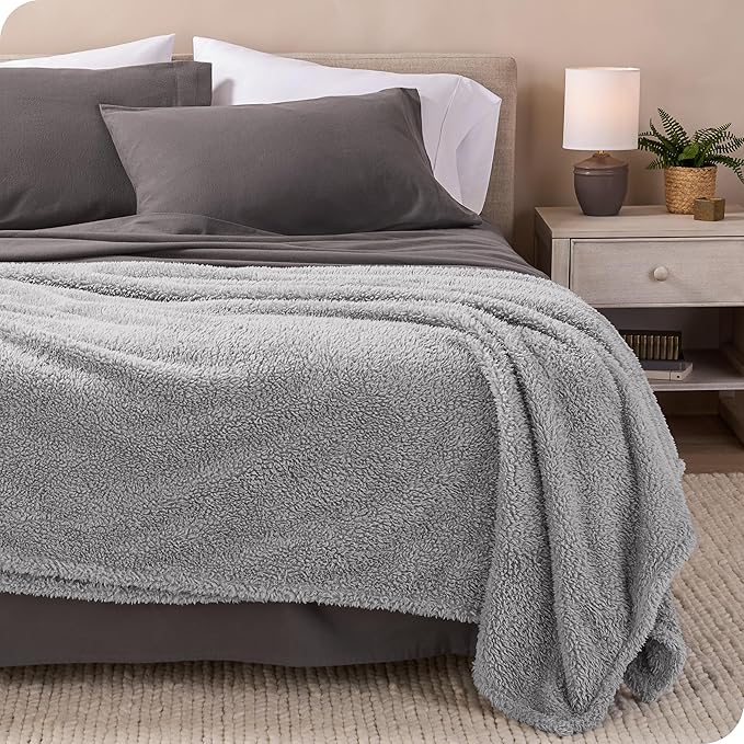 Bare Home Faux Shearling Blanket - King Size - Blanket for Bed, Sofa, Couch, Camping, Travel, and Gifts - Warm & Lightweight - Fluffy & Soft (King, Solid Light Grey)