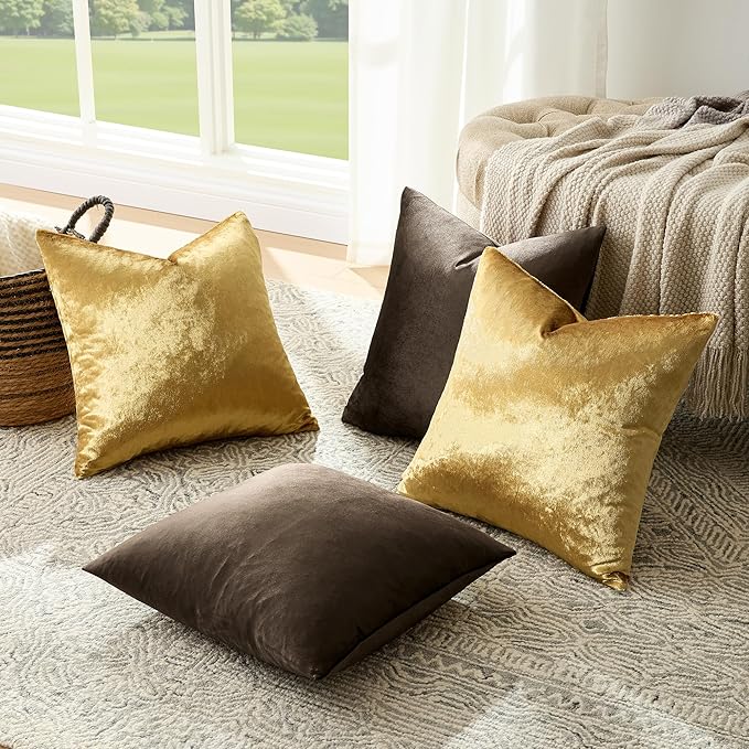GIGIZAZA Brown Gold Pillow Covers 20x20,Velvet Soft Throw Pillow Covers Set of 4 Square Decorative Modern Pillows Covers for Living Room