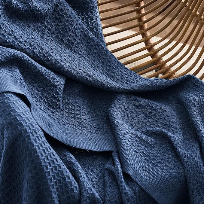 Bedsure Gentlesoft 100% Cotton Blanket Twin XL Size for College Dorm - Cooling Breathable and Soft for Spring Summer, Waffle Weave Twin Blanket for Bed, Dorm Room Essentials, Navy, 66x90 inches