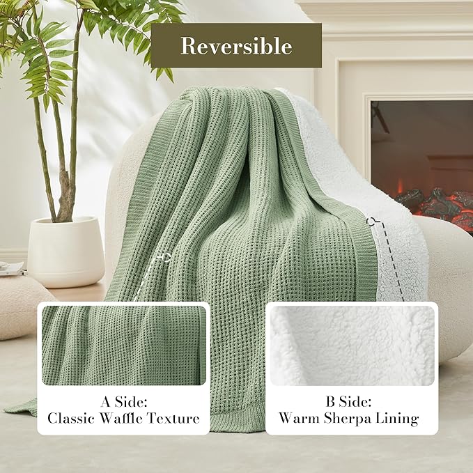 Amélie Home Reversible Waffle Weave Throw Blanket, Chenille Knit with Warm Sherpa, Soft Cozy Blanket for Couch, 50"x60", Sage Green