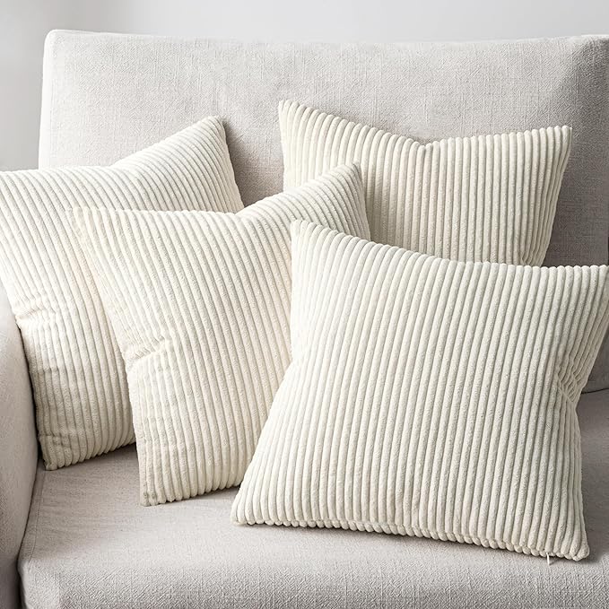 EMEMA Beige Decorative Throw Pillow Covers 20x20 Inch Set of 4 Boho Farmhouse Corduroy Striped Square Pillow Case,Western Modern Cushion Covers for Couch Bed Livingroom Home Decor