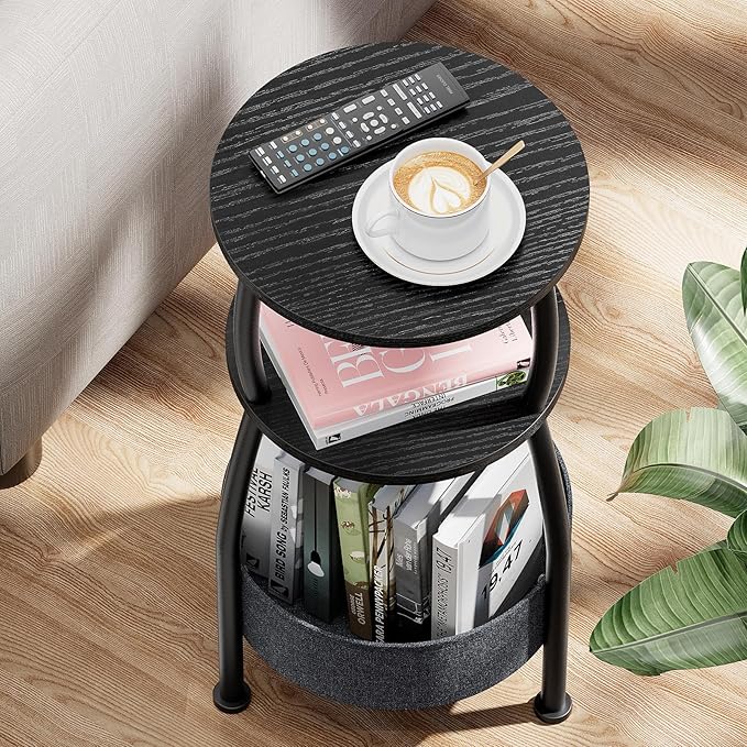 Small Round Side Table for Living Room with Storage Basket –Small Space Saving End Table 3-Tier Accent Nightstand Couch Corner Table for Sofa, Bedroom, Patio and More 24in Tall Classic Black