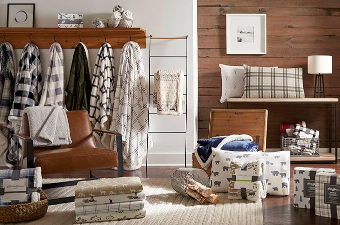 Eddie Bauer - Blanket, Super Soft Reversible Sherpa & Brushed Fleece Bedding, Throw Blankets for Couch, Ideal for Lounging (Cabin Plaid Black)