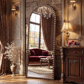 Antok 71" x 28" Arched Full Length Mirror, Antique Beaded Frame Floor Standing or Wall Mounted Mirror with Stand for Bedroom, Entryway, Brown, Luxury Style