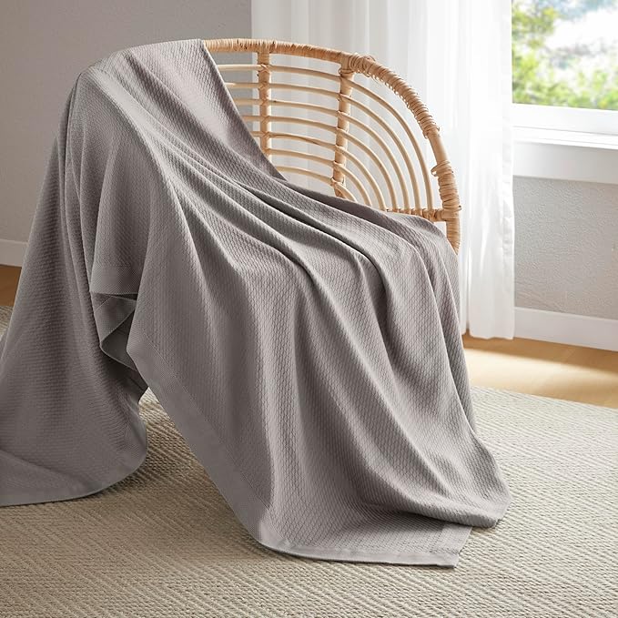 Madison Park 100% Egyptian Cotton Lightweight Summer Blanket, Breathable Waffle Knit Design, Soft Cozy All-Season Throw for Bed, Couch or Sofa, Grey Twin Size (66"x90")