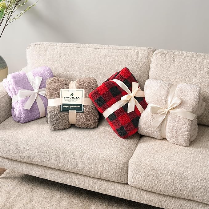 PAVILIA Sherpa Throw Blanket for Couch Sofa, Light Purple Lavender Fluffy Warm Plush Blanket for Bed, Cozy Super Soft Lightweight Throw, Fuzzy Decorative Blanket, All Season Home, 50x60