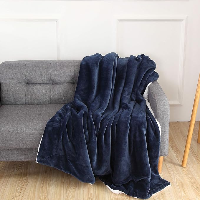 Elegant Comfort Luxury Ultra-Plush Velvet Touch Fleece Throw Soft, Warm, Cozy| Micromink Sherpa-Backing Reversible Blanket for Bed, Sofa and Couch, (50 x 60), Solid Navy Blue