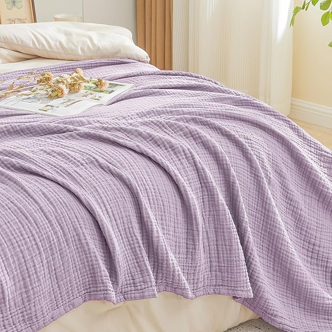 EMME Cotton Muslin Twin Blanket Breathable Gauze Soft Lightweight Adults Gifts for Women (Heather Lavender, 60"x80")