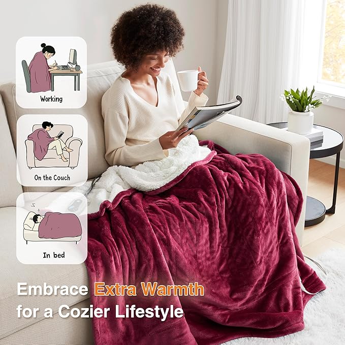 Beautyrest Heated Blanket, Eletric Throw Blanket, Soft, Warm, Reversible Plush - Sherpa Heating Blanket Throw for Office, Couch, 3 Heat Settings, 2 hr Auto Shut Off, Machine Washable, 50 x 60 Red