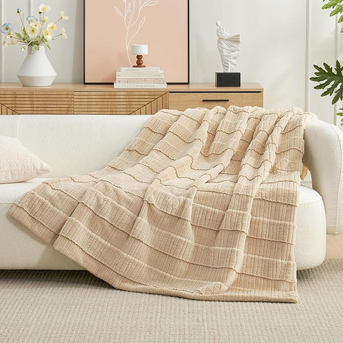 Amélie Home Luxury Striped Faux Fur Throw Blanket for Couch, Soft Cozy Fuzzy Fluffy Soft Plush Blankets Sofa Chair Gift Blankets for Women, 60"x80", Beige