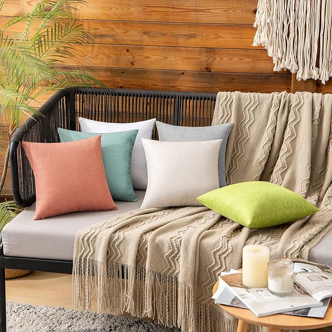 MIULEE Pack of 2 Decorative Outdoor Solid Waterproof Throw Pillow Covers Spring Faux Linen Garden Farmhouse Cushion Cases for Summer Patio Tent Balcony Couch Sofa 12x12 Inch Green