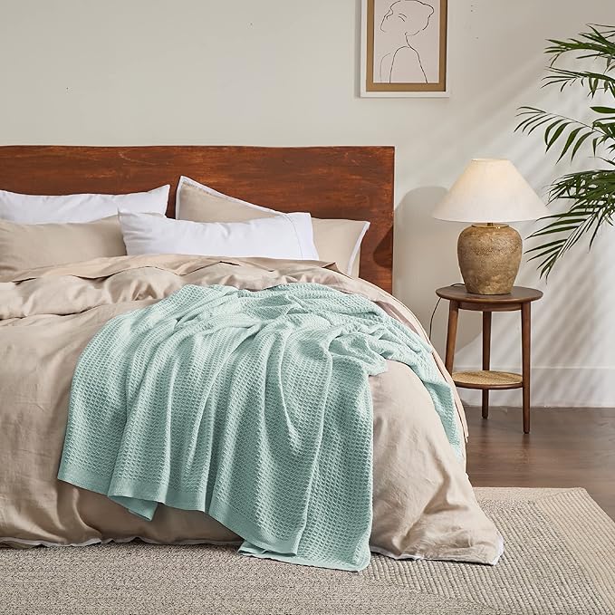 Bedsure Gentlesoft 100% Cotton Blanket Queen Size for Bed - Cooling Breathable and Soft for Spring Summer, Thick Cozy Waffle Weave Blanket Gifts for Women, Mint, 90x90 Inches