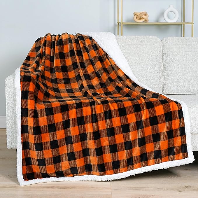 PAVILIA Black Orange Buffalo Plaid Sherpa Throw Blanket for Couch, Plush Halloween Checkered Fleece Blanket and Throws, Soft Fuzzy Flannel Blanket for Sofa Bed, Warm Cozy Winter Blanket Gift, 50x60