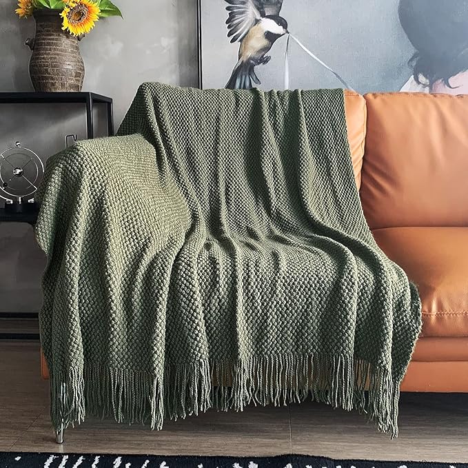 LOMAO Knitted Throw Blanket with Tassels Bubble Textured Lightweight Throws for Couch Cover Home Decor (Dark Olive, 60x80)