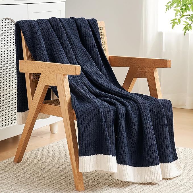 Amélie Home Waffle Throw Blanket for Couch, Soft Cozy Chenille Knit Blanket Warm Decorative Throw for Sofa, 50"x60", Navy Blue