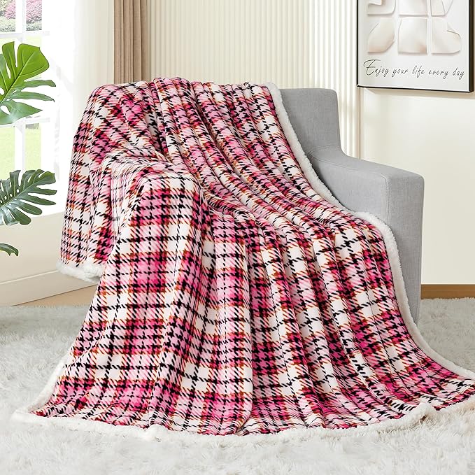 Touchat Sherpa Plaid Throw Blanket, 60" X 70" Fuzzy Fluffy Cozy Soft Blanket, Fleece Flannel Plush Twin Size Microfiber Blanket for Couch Bed Sofa, Black&Pink
