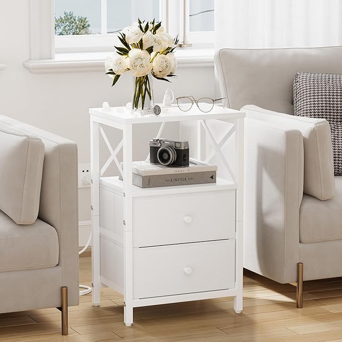 Nightstand Set of 2, Nightstands with Charging Station, Small Bedside Table with Storage Shelf, End Table with USB Ports & Outlets, with Fabric Drawers, for Couch, Bedroom(White) LET105W-2