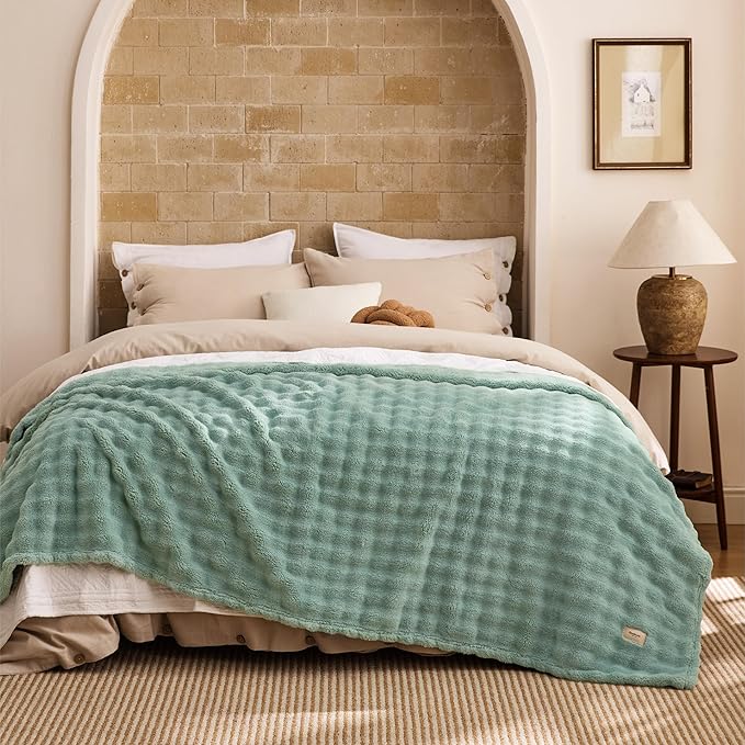 Bedsure 3D Fleece Bubble Blanket - GentleSoft Green Queen Blanket for Bed Sofa Room Decor - Luxury Soft Cozy Gifts for Women, Lightweight, All Seasons, Sage Green, 90"×90"